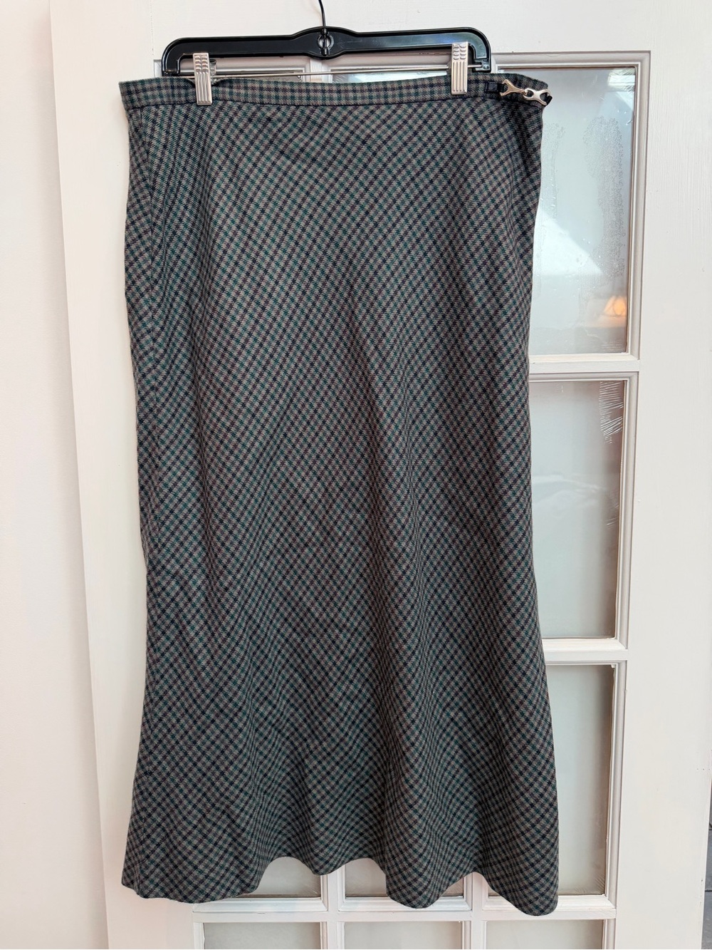 Vintage Sag Harbor 90’s Plaid Midi Skirt Gray Teal Green Wool Chic Plus Size 16